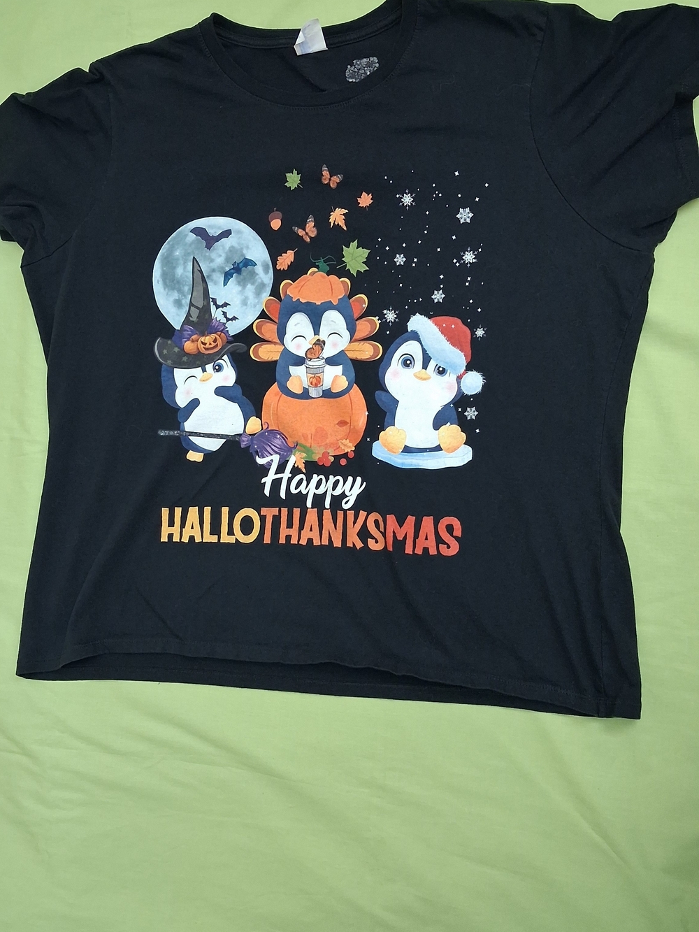 Happy Hallothanksmas Black Holiday Penguin Graphic Tee
